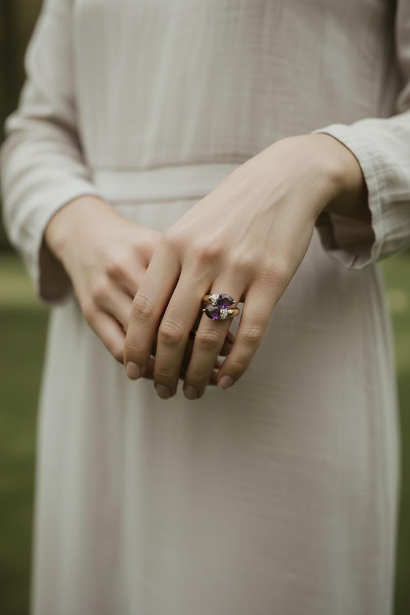 Vintage Amethyst Diamond Toi et Moi Ring, 14k Gold, Pear Twin Stone Statement Ring