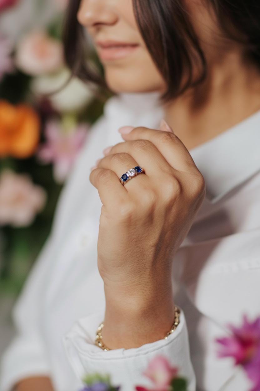 Vintage Sapphire and Diamond Three Stone Engagement Ring in Platinum, Unique Alternative Bridal Ring