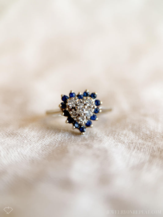 Vintage Sapphire and Diamond Ring, 14k White Gold, Heart Shaped Cluster Statement Ring