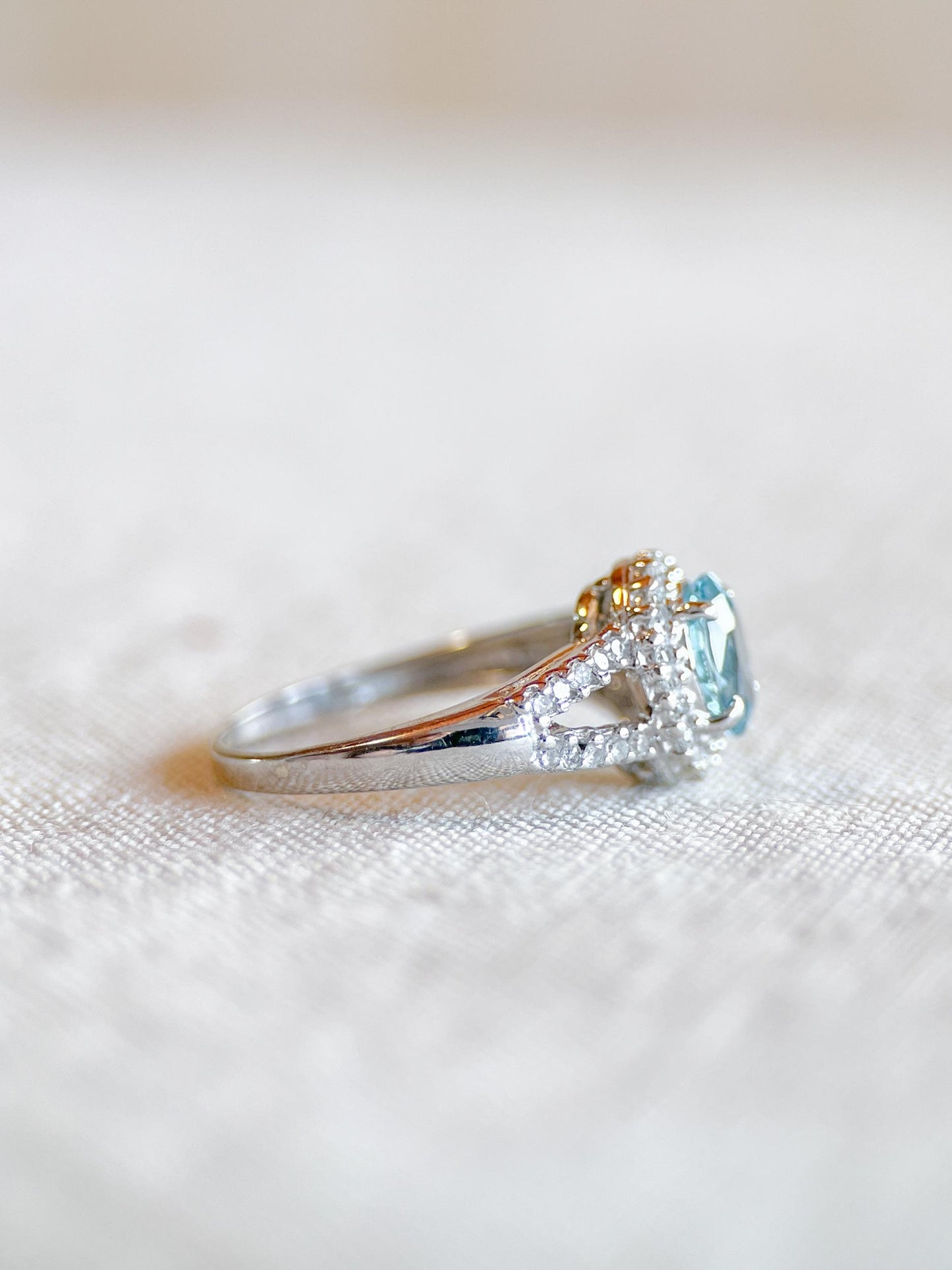 Vintage Blue Topaz & Diamond Halo Engagement Ring, Oval Cut, 10k White Gold, Bridal Ring
