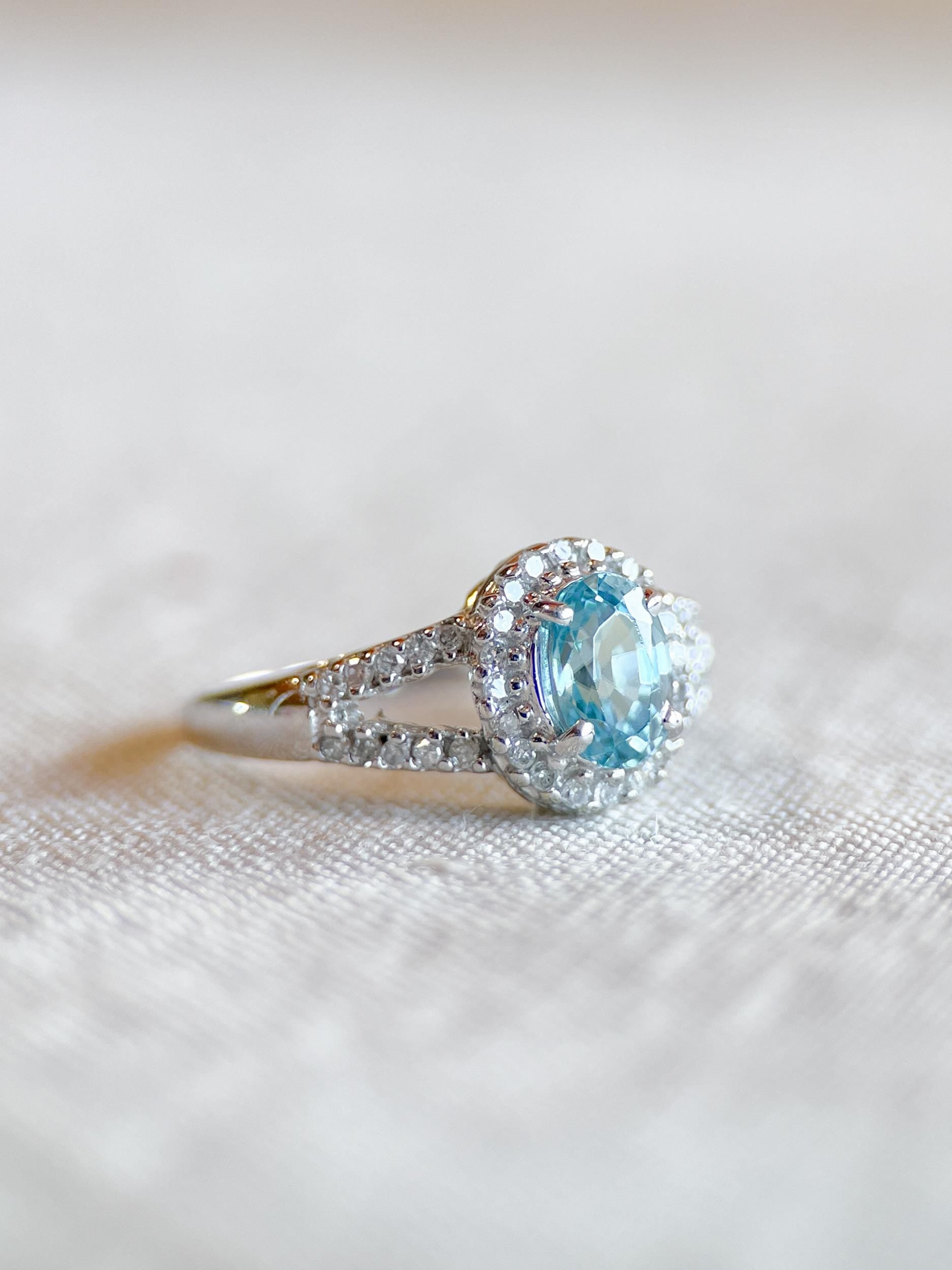 Vintage Blue Topaz & Diamond Halo Engagement Ring, Oval Cut, 10k White Gold, Bridal Ring
