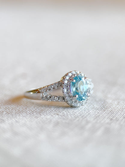 Vintage Blue Topaz & Diamond Halo Engagement Ring, Oval Cut, 10k White Gold, Bridal Ring