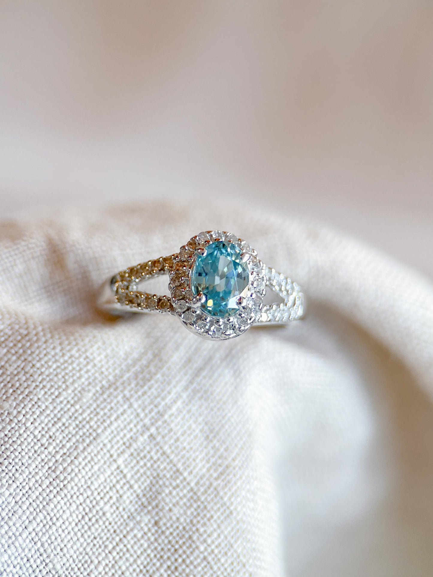 Vintage Blue Topaz & Diamond Halo Engagement Ring, Oval Cut, 10k White Gold, Bridal Ring