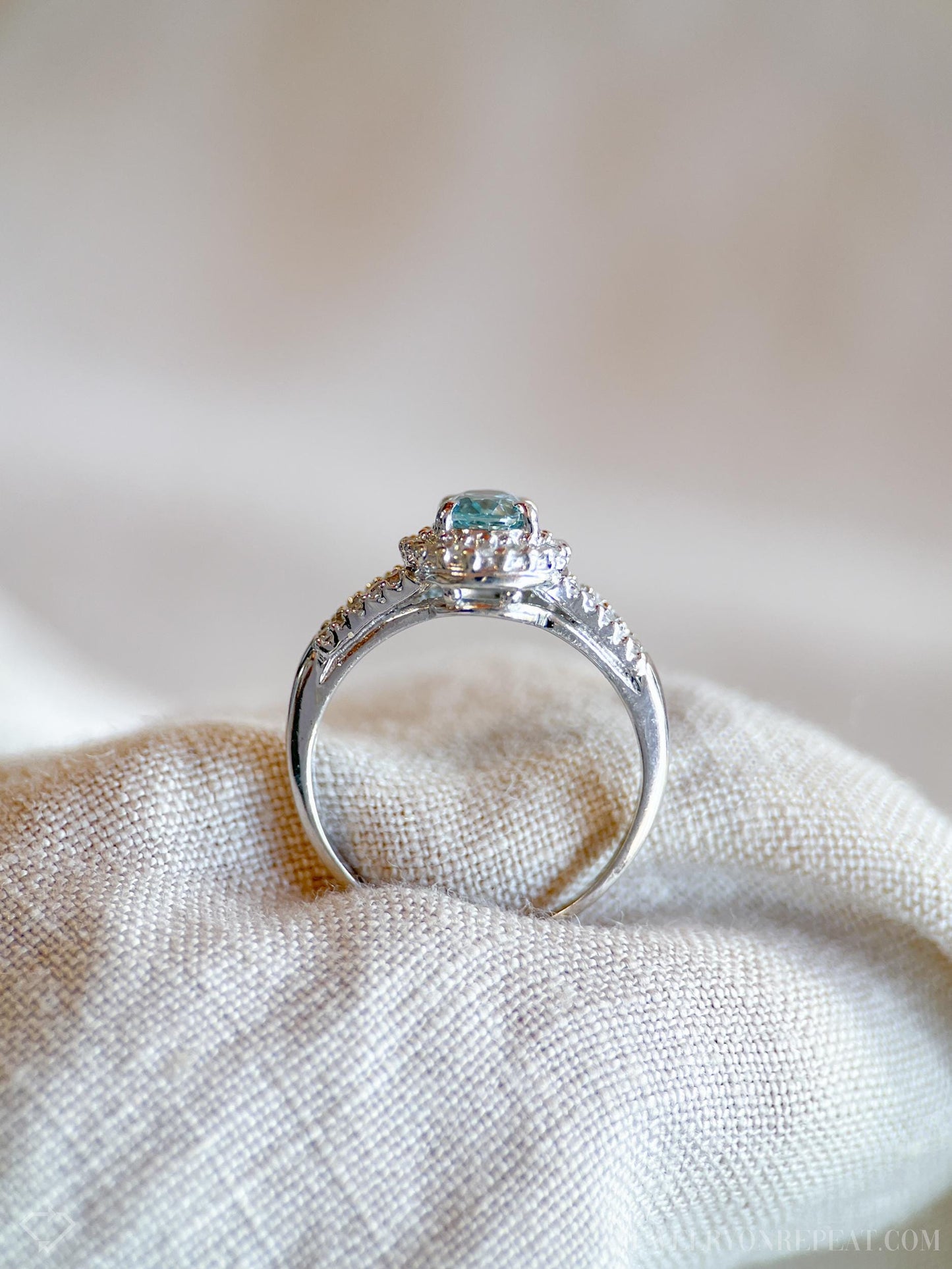 Vintage Blue Topaz & Diamond Halo Engagement Ring, Oval Cut, 10k White Gold, Bridal Ring
