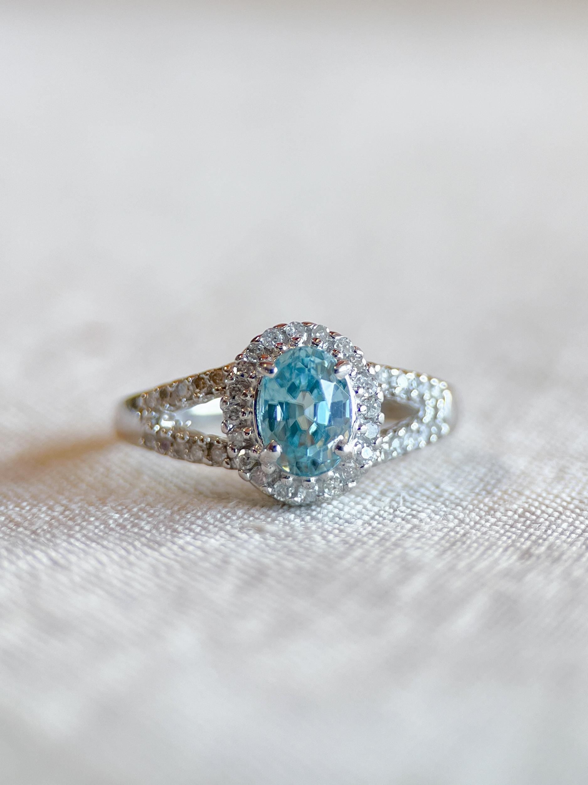 Vintage Blue Topaz & Diamond Halo Engagement Ring, Oval Cut, 10k White Gold, Bridal Ring