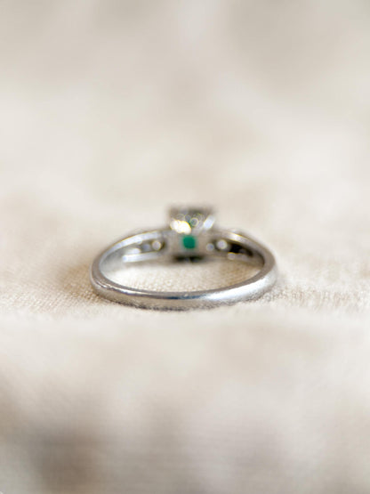 Vintage Emerald Engagement Ring, Round Cut, Platinum, Alternative Bridal Ring