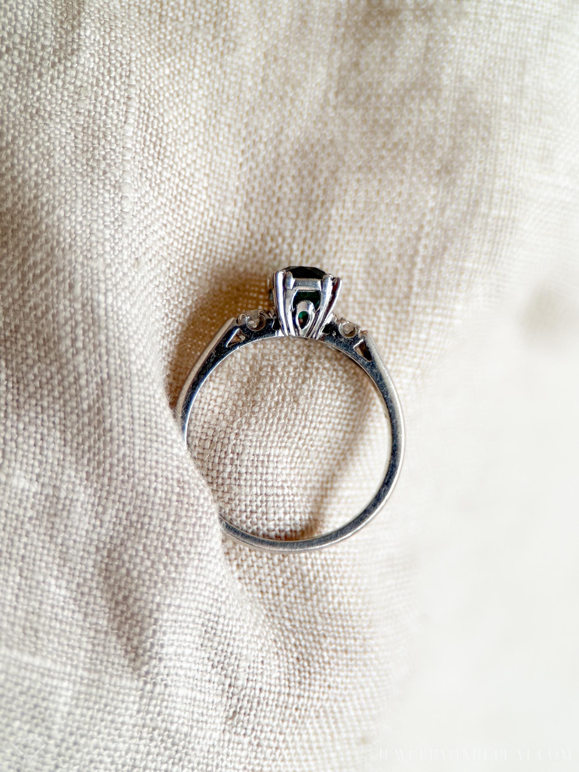 Vintage Emerald Engagement Ring, Round Cut, Platinum, Alternative Bridal Ring