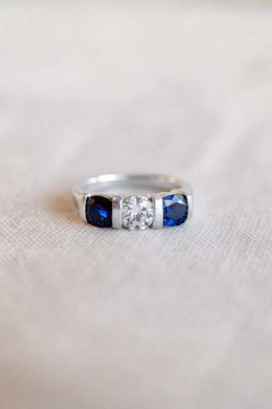 Vintage Sapphire and Diamond Three Stone Engagement Ring in Platinum, Unique Alternative Bridal Ring