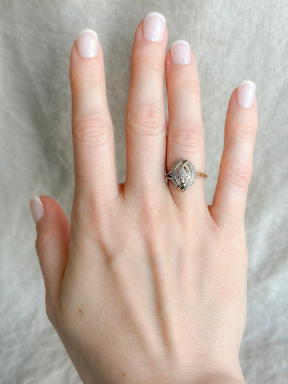 Vintage Diamond Engagement Ring, Round and Baguette Cut, 10k Gold, Cluster Bridal Ring