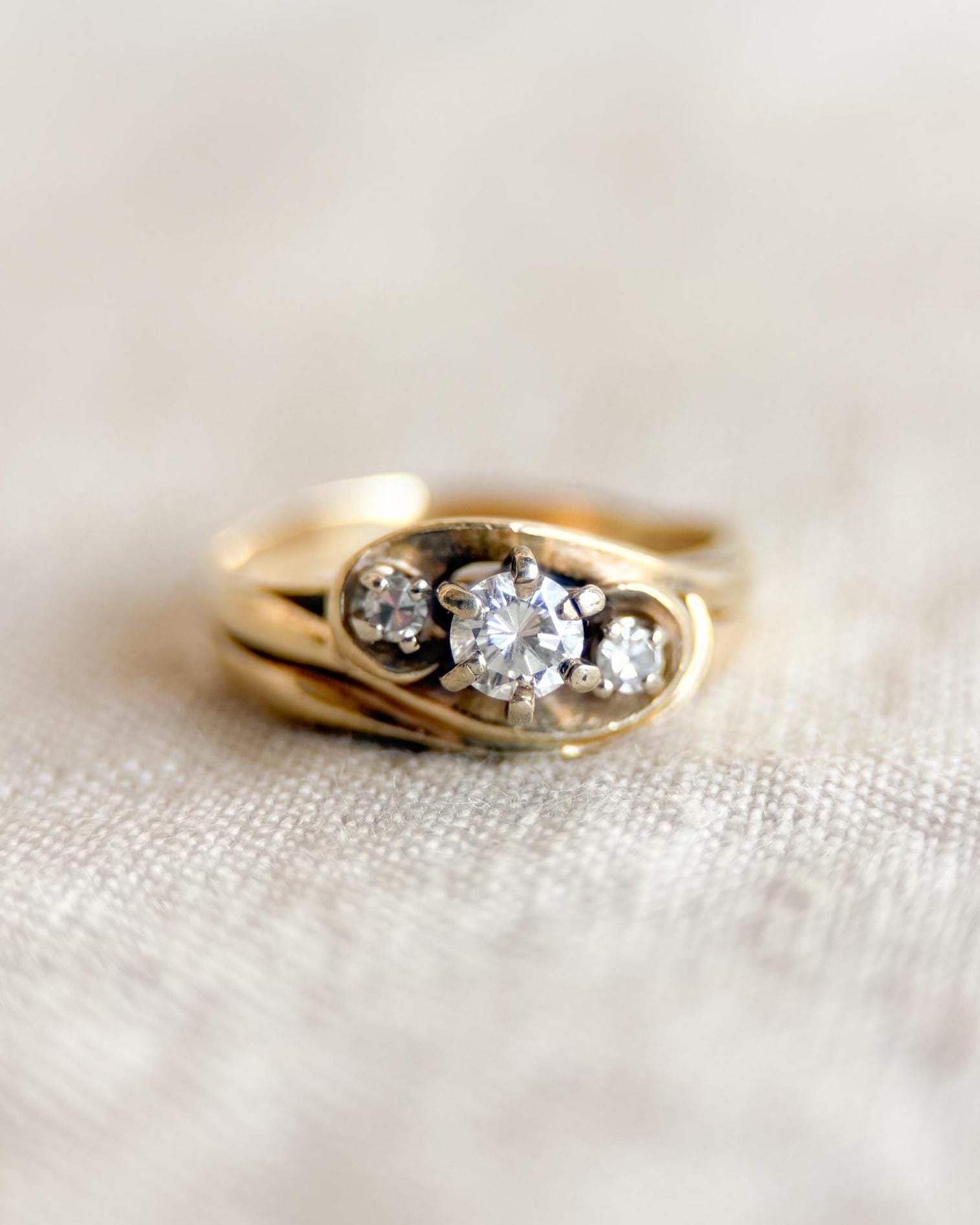 Vintage Diamond Engagement Ring, Round Cut, 14k Gold, Three Stone Wave Swirl Bridal Ring