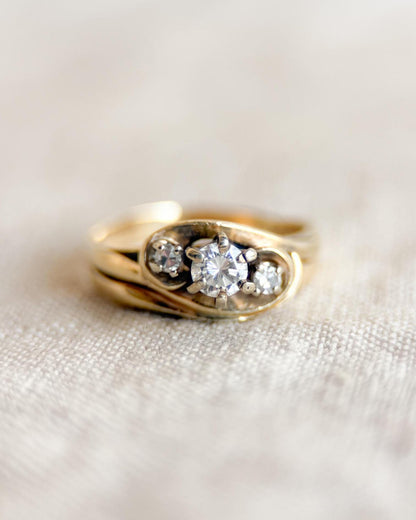 Vintage Diamond Engagement Ring, Round Cut, 14k Gold, Three Stone Wave Swirl Bridal Ring