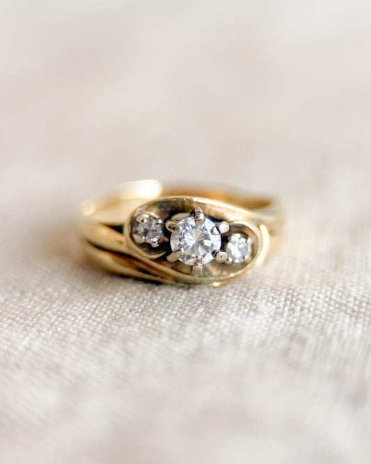 Vintage Diamond Engagement Ring, Round Cut, 14k Gold, Three Stone Wave Swirl Bridal Ring
