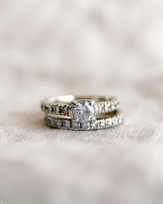 Vintage Diamond Engagement Ring and Matching Wedding Band, Round Cut, 14k White Gold, Classic Prong Bridal Set