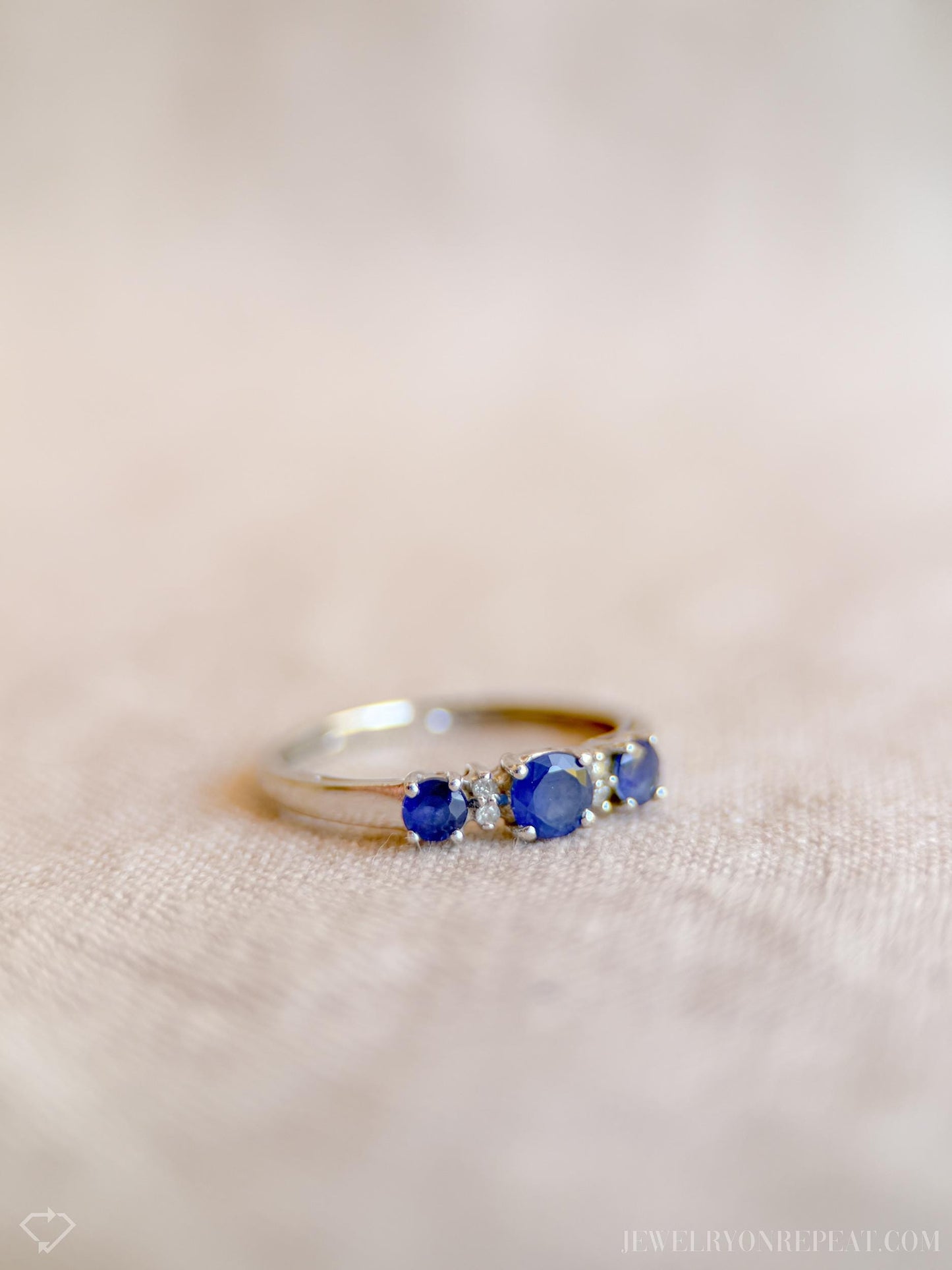 Vintage 1990s Three Stone Blue Sapphire Ring, 14k White Gold