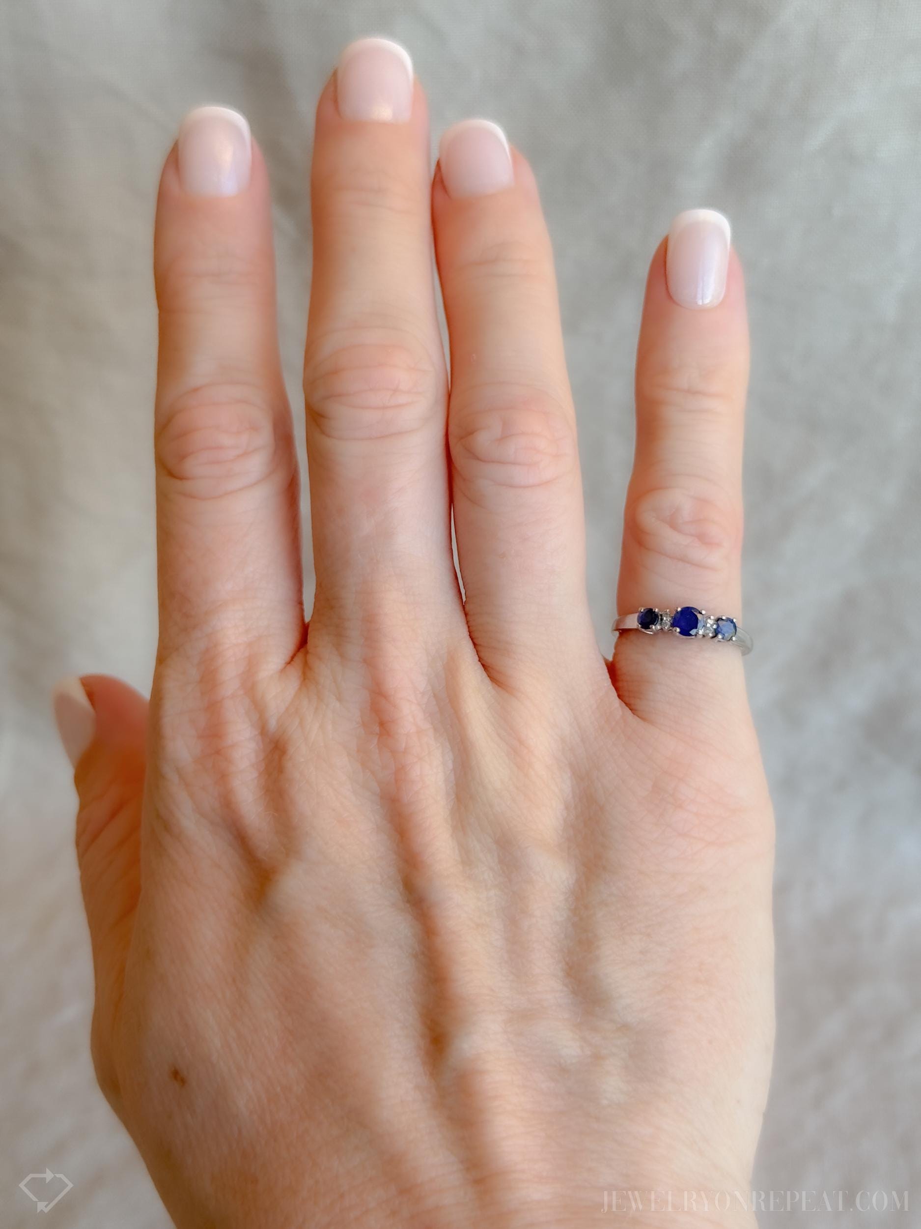 Vintage 1990s Three Stone Blue Sapphire Ring, 14k White Gold