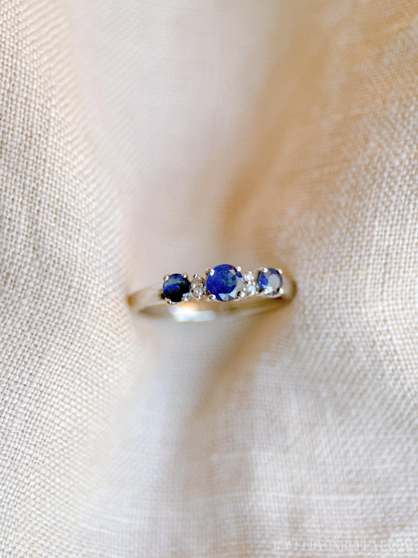 Vintage 1990s Three Stone Blue Sapphire Ring, 14k White Gold