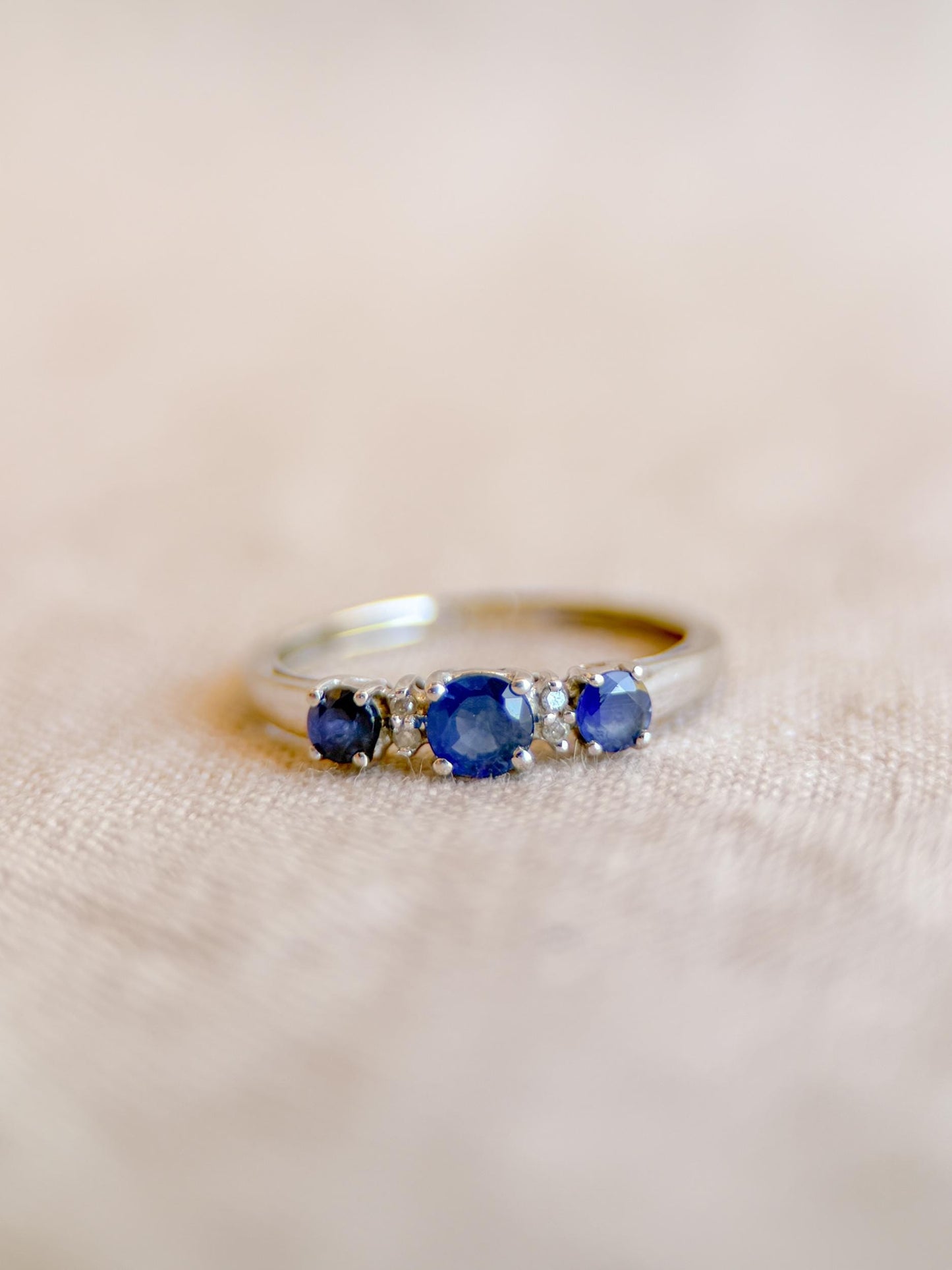 Vintage 1990s Three Stone Blue Sapphire Ring, 14k White Gold