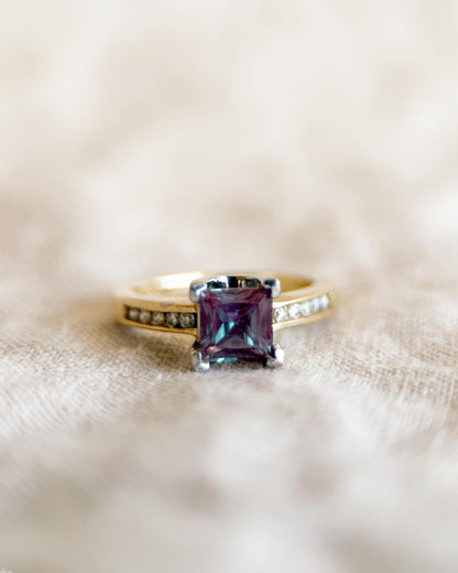 Vintage Alexandrite and Diamond Engagement Ring, Square Cut, 10k Gold Channel Alternative Bridal Ring