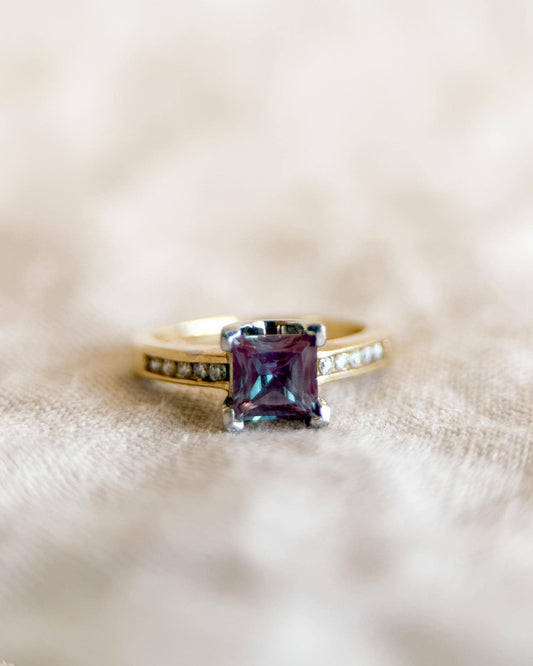 Vintage Alexandrite and Diamond Engagement Ring, Square Cut, 10k Gold Channel Alternative Bridal Ring