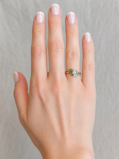 Vintage Diamond Engagement Ring, Round Cut, 14k Gold, Interlocking Swirl Channel Bridal Set