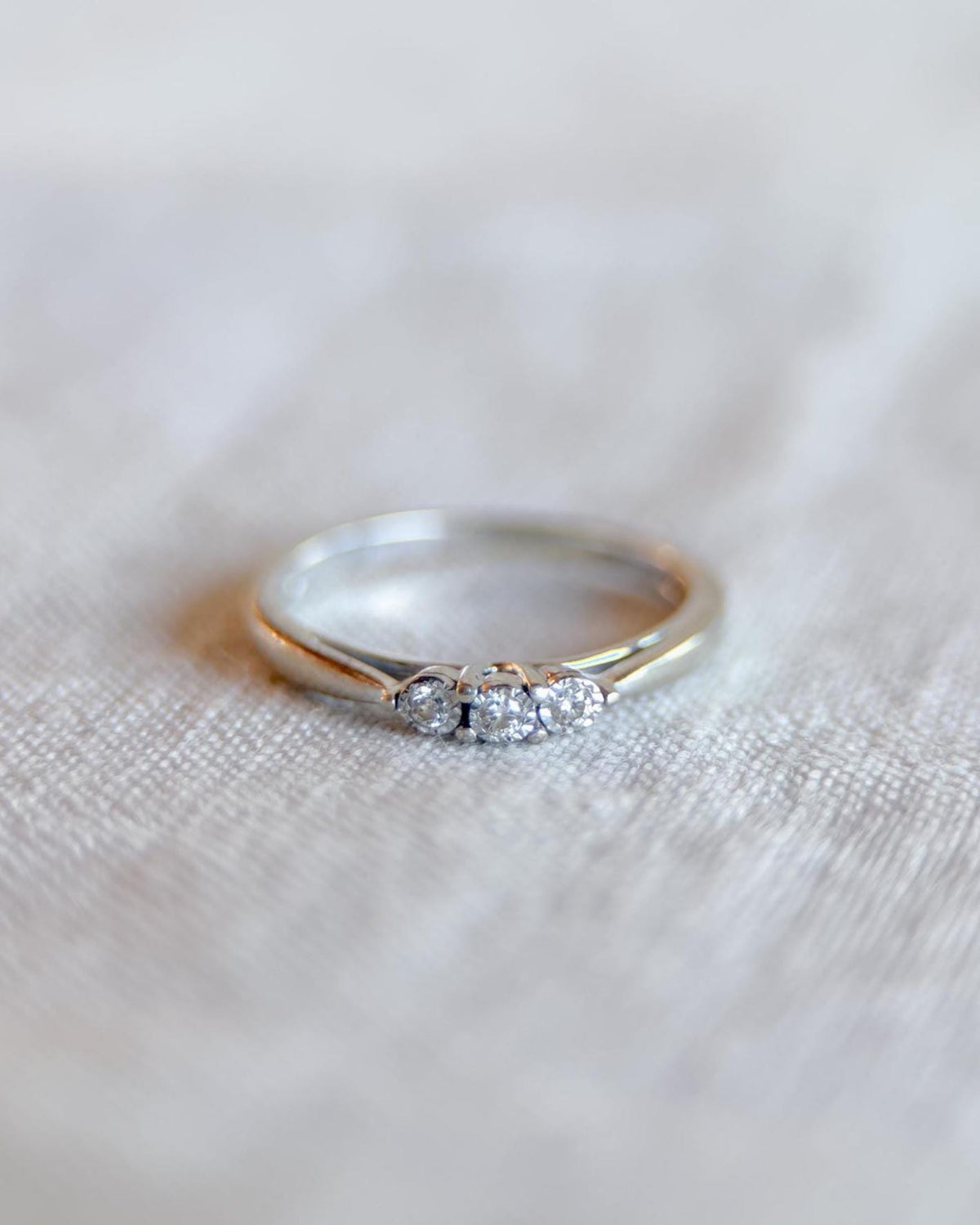 Vintage Diamond Engagement Ring, Round Cut, 10k White Gold, Three Stone Minimalist Bridal Ring