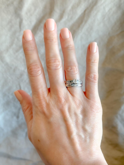 Vintage Princess Cut Diamond Engagement Ring & Wedding Band Set, Platinum, 14k, Channel Cathedral