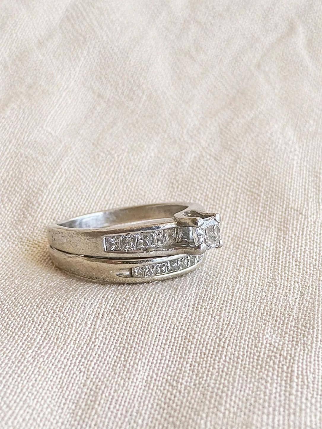 Vintage Princess Cut Diamond Engagement Ring & Wedding Band Set, Platinum, 14k, Channel Cathedral