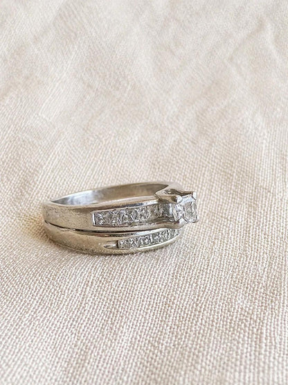 Vintage Princess Cut Diamond Engagement Ring & Wedding Band Set, Platinum, 14k, Channel Cathedral