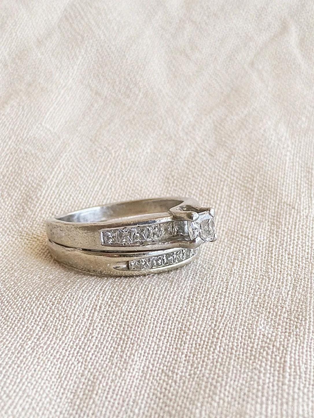 Vintage Princess Cut Diamond Engagement Ring & Wedding Band Set, Platinum, 14k, Channel Cathedral