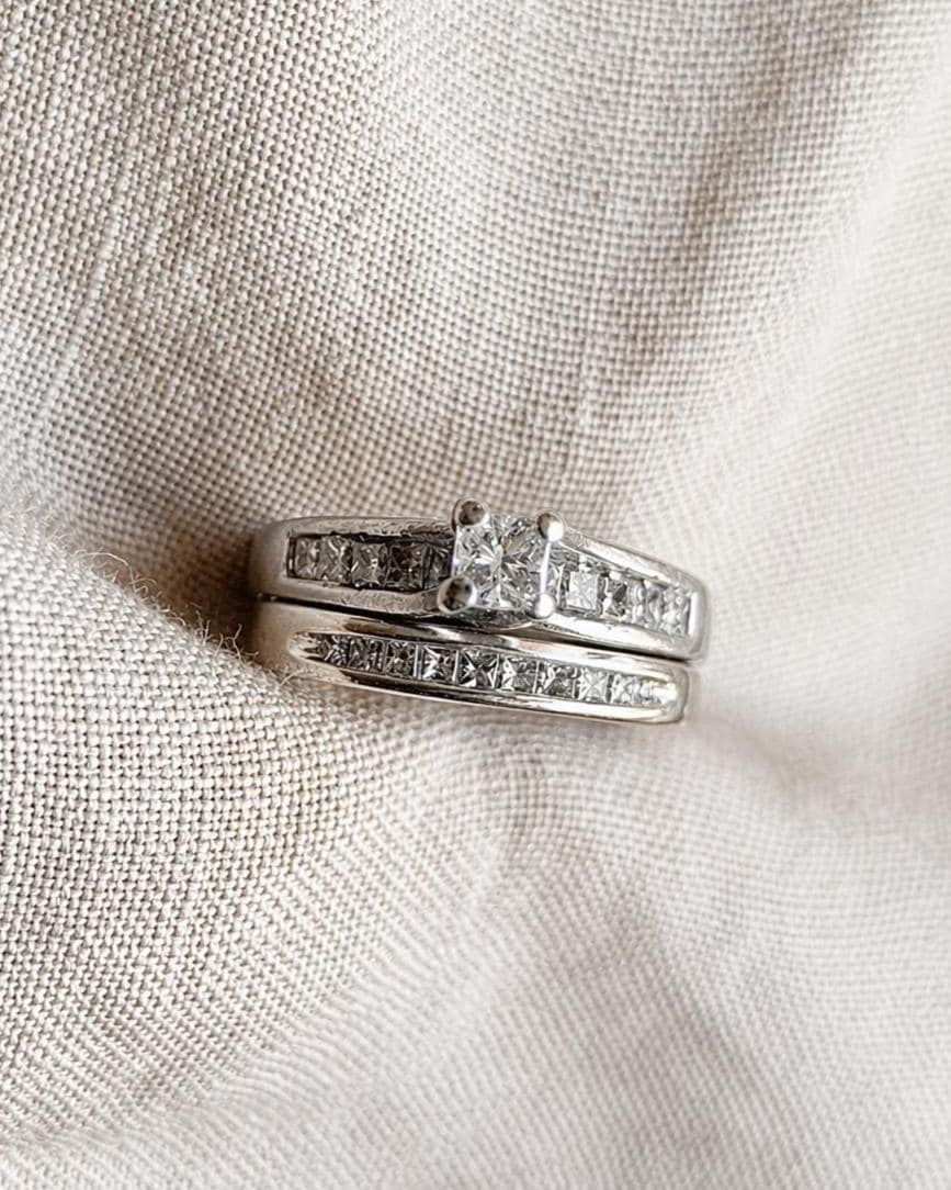 Vintage Princess Cut Diamond Engagement Ring & Wedding Band Set, Platinum, 14k, Channel Cathedral