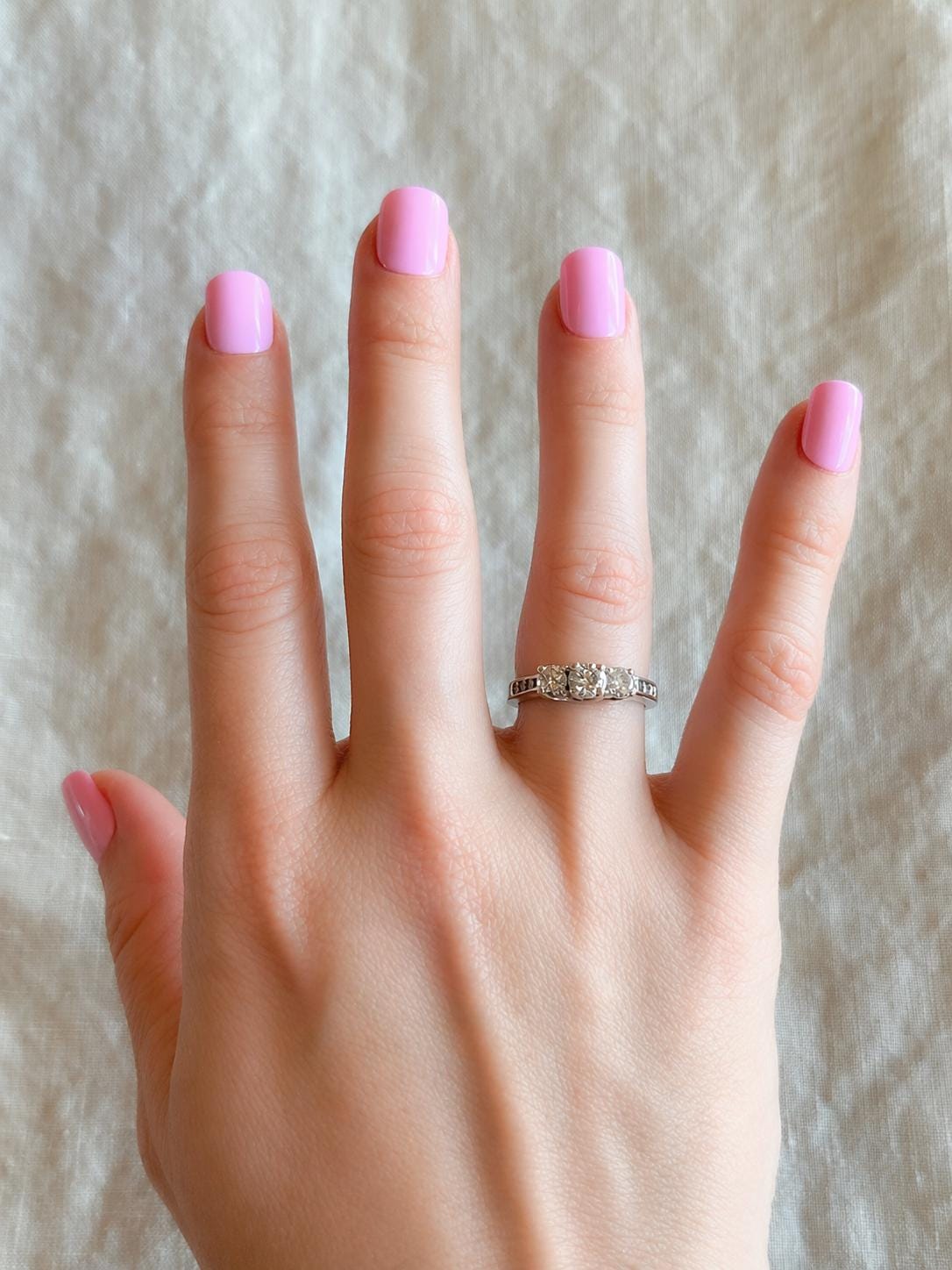 Vintage Diamond Engagement Ring, Round Cut, 14k White Gold, Classic Three Stone Bridal Ring