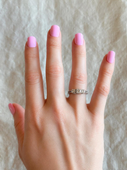 Vintage Diamond Engagement Ring, Round Cut, 14k White Gold, Classic Three Stone Bridal Ring