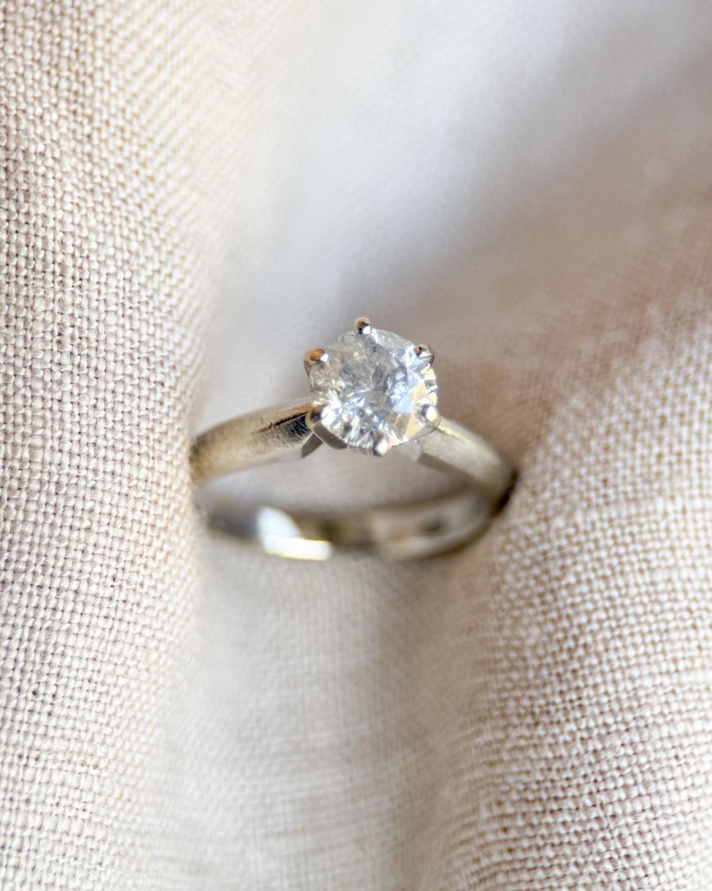 Vintage Diamond Engagement Ring, Round Cut, 14k White Gold, Classic Solitaire Bridal Ring