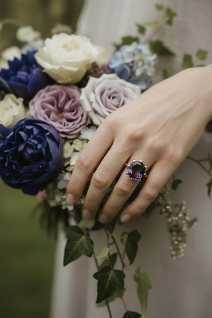 Vintage Sapphire Ring, 14k Gold, Oval Cut Purple Statement Ring, Crown Solitaire Cocktail Jewelry