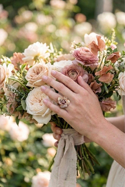 Vintage Diamond Flower Ring, 14k Rose Gold, Pave Floral Statement Ring