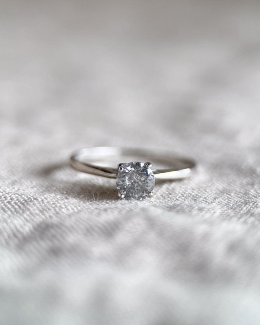 Vintage Natural Diamond Engagement Ring, Round Cut, 10k White Gold, 4-Prong Solitaire Bridal Ring