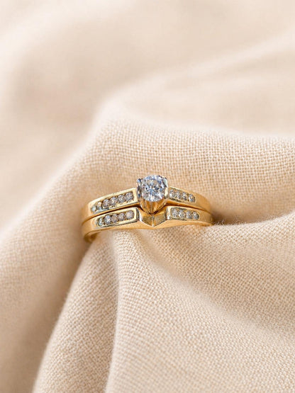 Vintage Diamond Engagement Ring & Matching Wedding Band, Round Cut, 14k Gold, Channel Bridal Set
