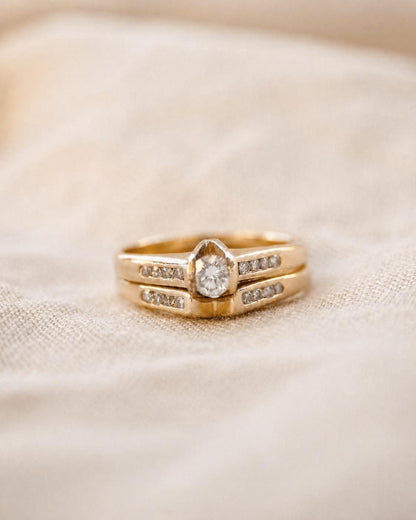 Vintage Diamond Engagement Ring & Matching Wedding Band, Round Cut, 14k Gold, Channel Bridal Set