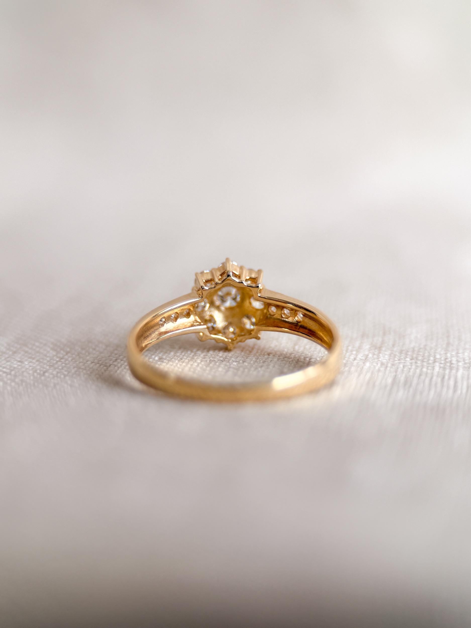 Vintage Diamond Halo Engagement Ring, Round Cut, 18k Gold, Prong Set Floral Bridal Ring