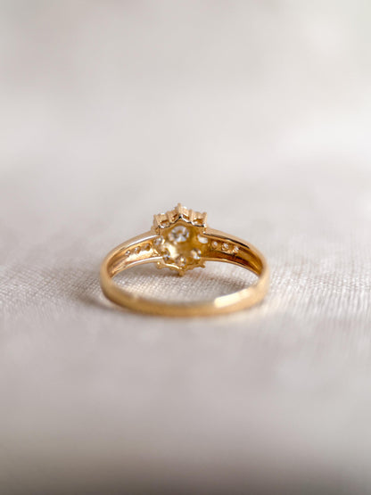 Vintage Diamond Halo Engagement Ring, Round Cut, 18k Gold, Prong Set Floral Bridal Ring