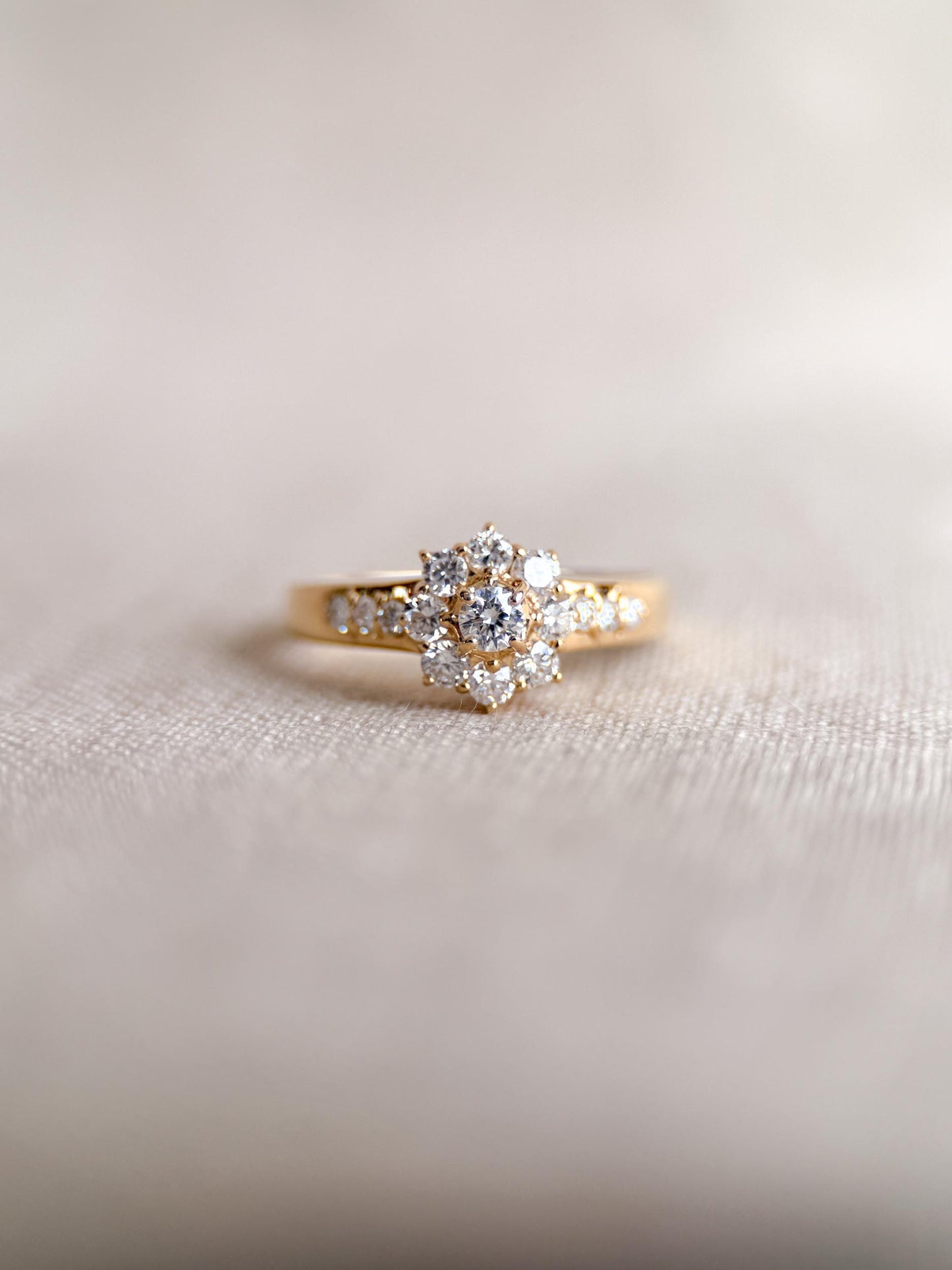 Vintage Diamond Halo Engagement Ring, Round Cut, 18k Gold, Prong Set Floral Bridal Ring