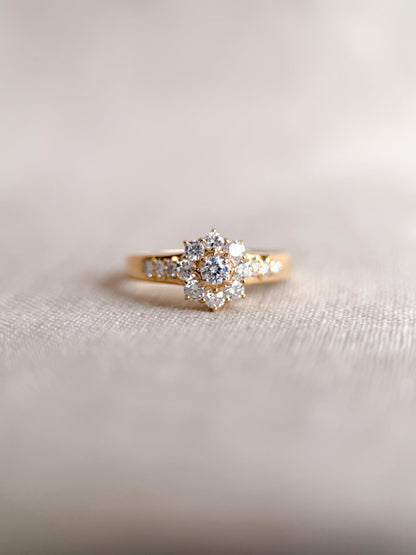 Vintage Diamond Halo Engagement Ring, Round Cut, 18k Gold, Prong Set Floral Bridal Ring