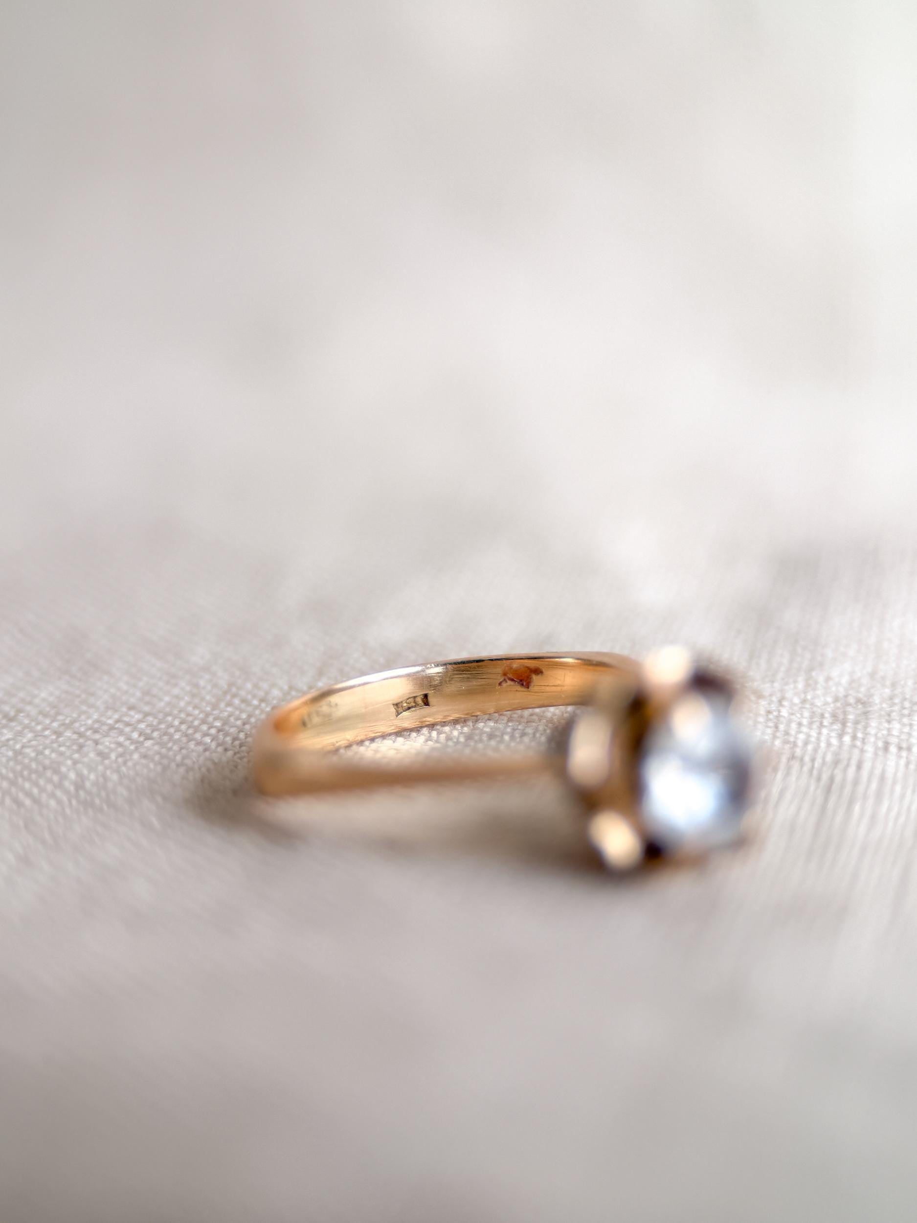 Vintage White Quartz Engagement Ring, Round Cut, 14k Gold, 1940s Solitaire 6-Prong Bridal Ring