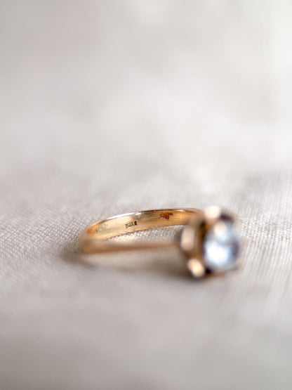 Vintage White Quartz Engagement Ring, Round Cut, 14k Gold, 1940s Solitaire 6-Prong Bridal Ring
