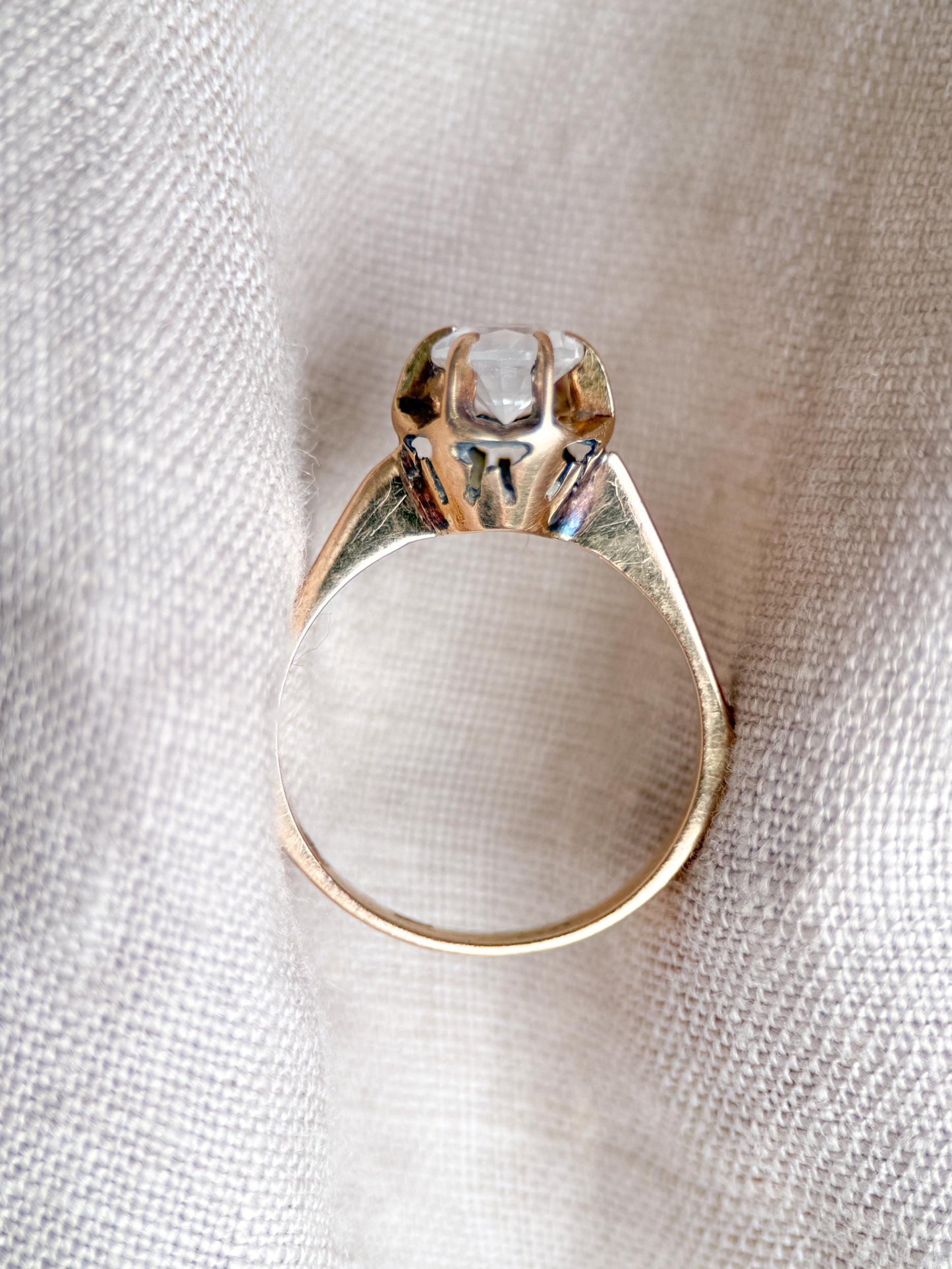 Vintage White Quartz Engagement Ring, Round Cut, 14k Gold, 1940s Solitaire 6-Prong Bridal Ring