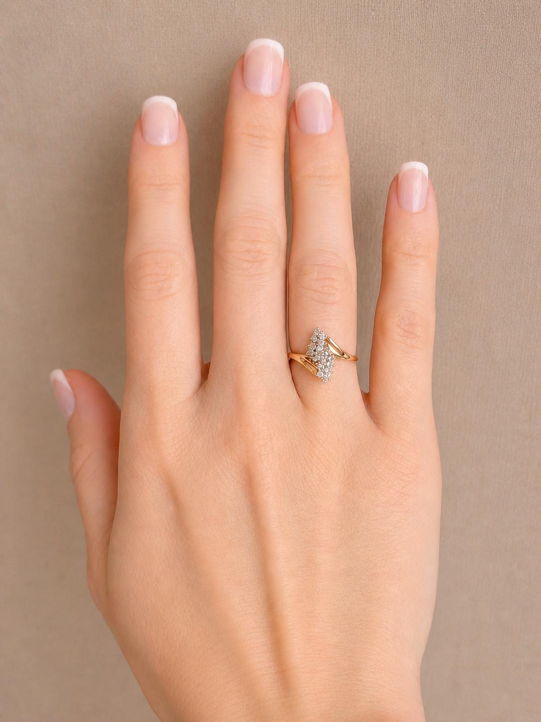 Vintage Diamond Engagement Ring, Round Cut, 14k Gold, 1970s Cluster Bridal Ring