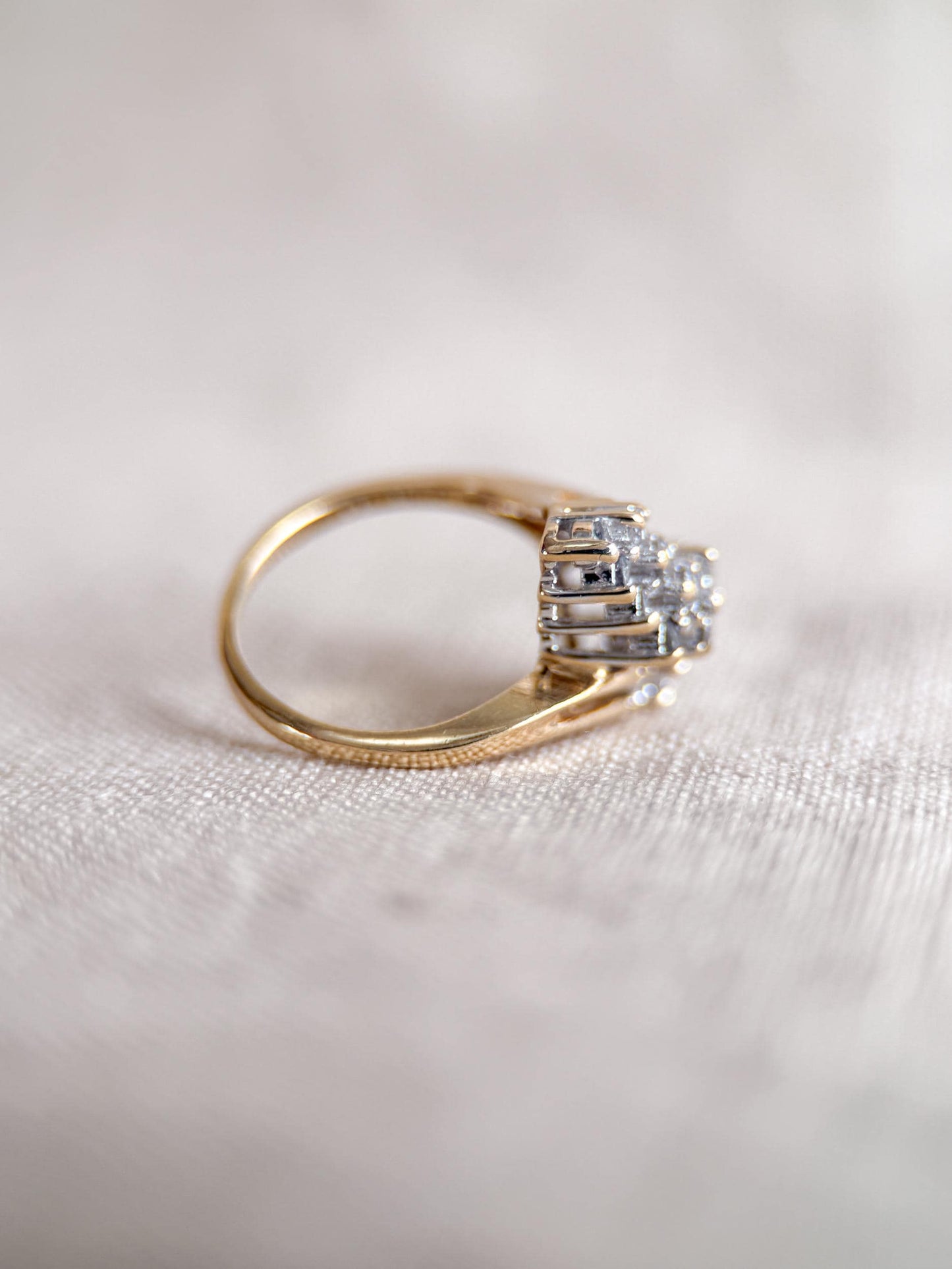 Vintage Diamond Engagement Ring, Round Cut, 14k Gold, 1970s Cluster Bridal Ring