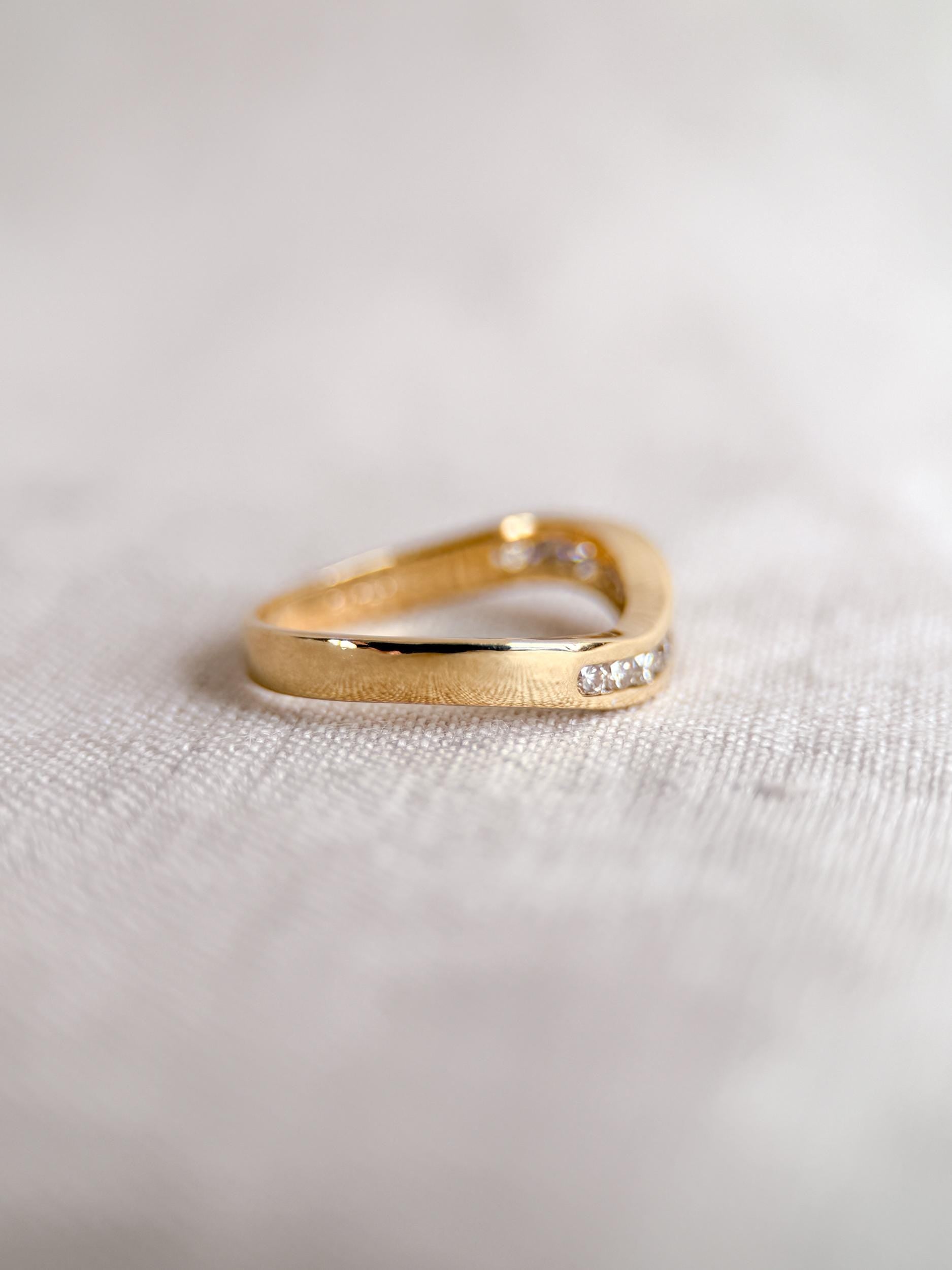 Vintage Diamond Anniversary Band, 18k Gold, Curved Wave Channel Set Band