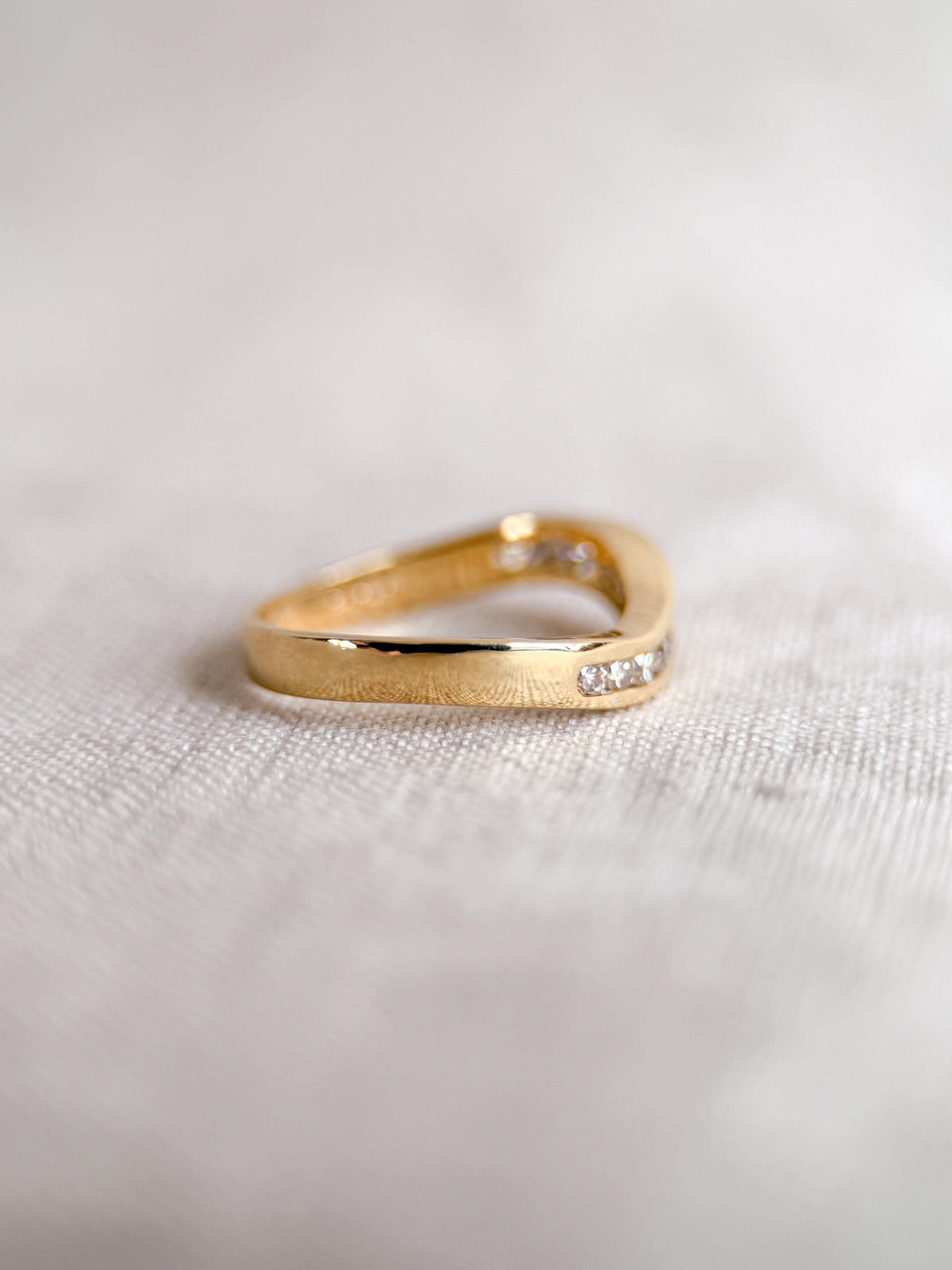 Vintage Diamond Anniversary Band, 18k Gold, Curved Wave Channel Set Band