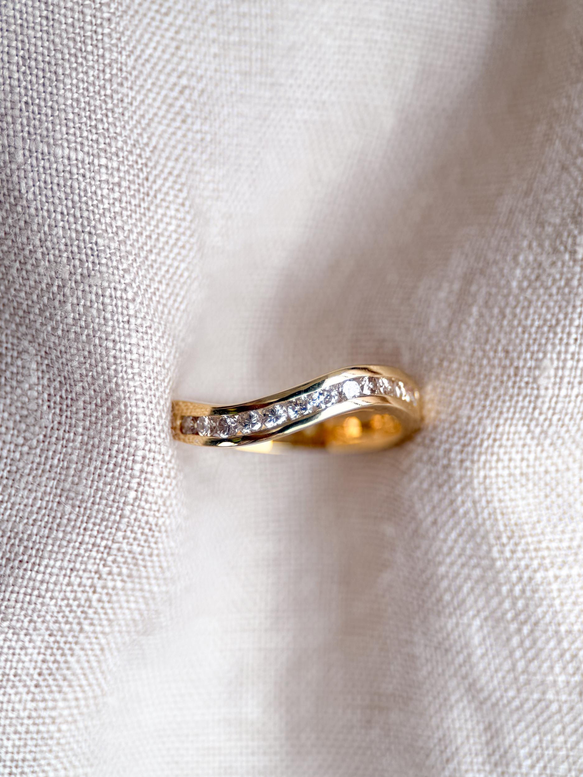 Vintage Diamond Anniversary Band, 18k Gold, Curved Wave Channel Set Band